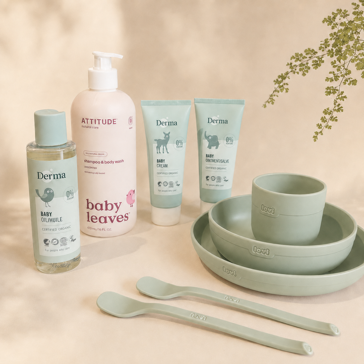 Complete babyset - van badmoment tot eerste hapjes (pistache)